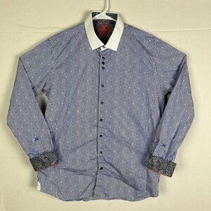 Au Noir Button-Down Shirt‎ Size 4 Large Blue White Stripe Print Flip Cuff